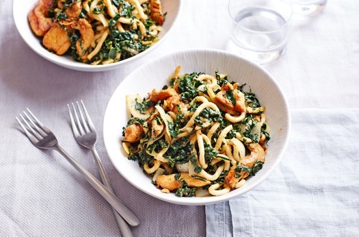 Satay chicken noodles with shredded cavolo nero