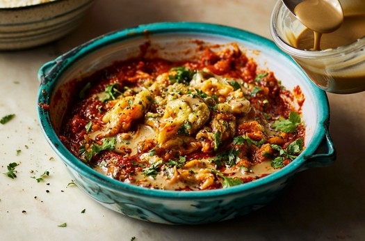 Smoky aubergines with spicy olive & harissa sauce and tahini