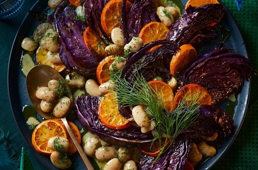 Charred red cabbage & butter bean platter, with a clementine and mustard dressing