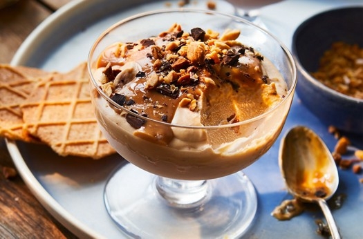 No-churn peanut butter ‘ice cream’ with caramel sauce
