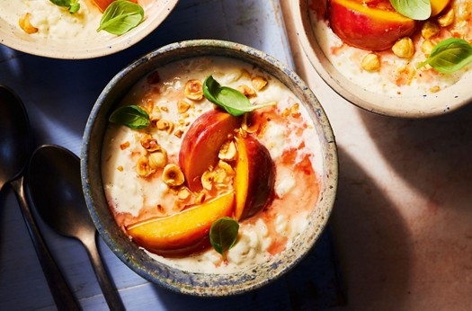 Chilled vanilla rice pudding with muscat-soaked nectarines