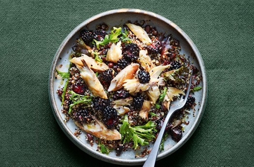 Quinoa, black bean & blackberry salad with smoked mackerel