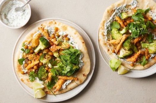 Gunpowder-spiced vegetable ‘goujons’ with crispy chickpeas & lime