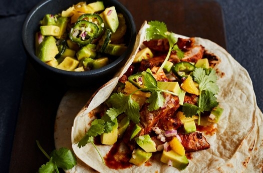 Pork tortillas with avocado & orange salsa