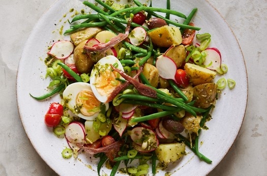 Jersey royal, green bean, salad onion & anchovy salad with pesto dressing
