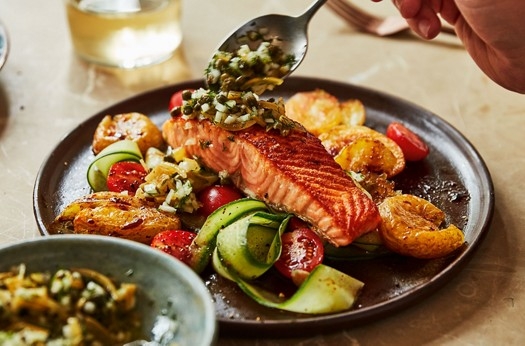Seared salmon with preserved lemon & caper salsa and crisp potatoes