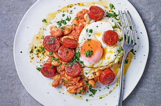 Homemade smoky baked beans with egg & chorizo