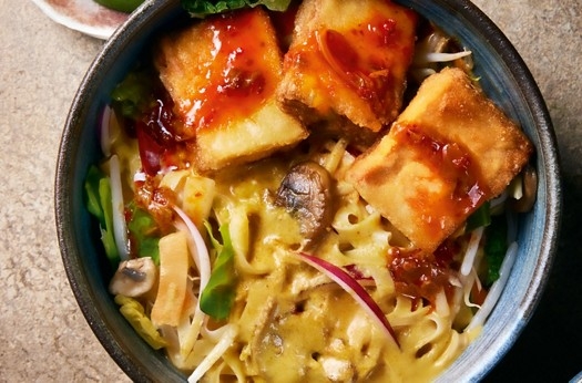 Laksa-style noodles with crisp puffed tofu