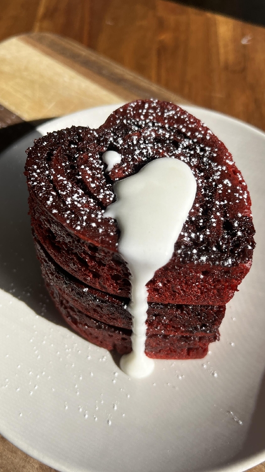 Red velvet cinnamon roll pancakes