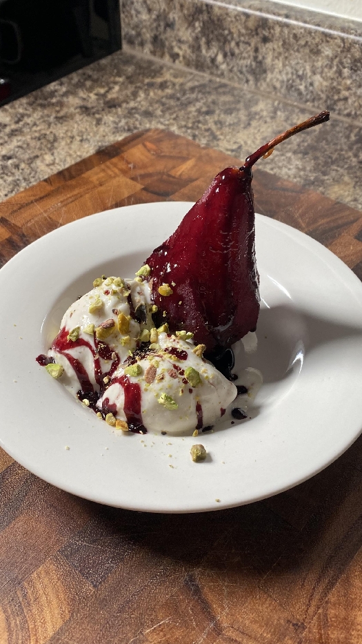 Red wine poached pears