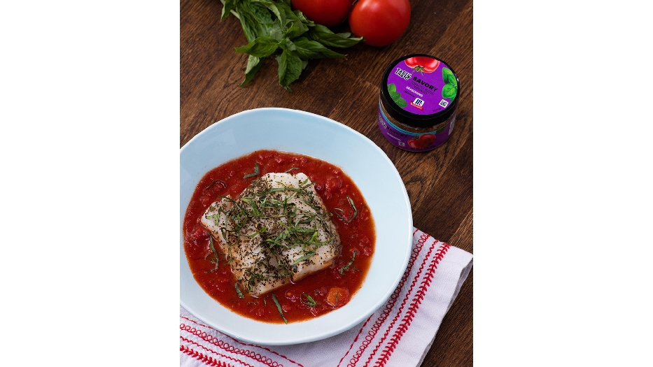Savoury white fish with simmered tomatoes