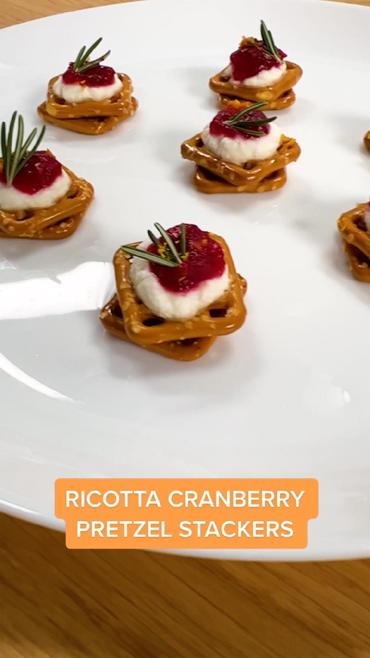 Ricotta and cranberry pretzel snaps stackers