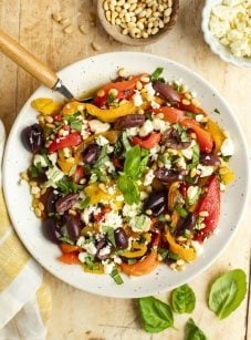 Roasted pepper salad with feta, pine nuts & basil