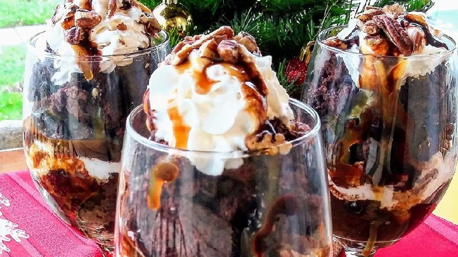 Decadent gourmet double chocolate turtle pecan trifle
