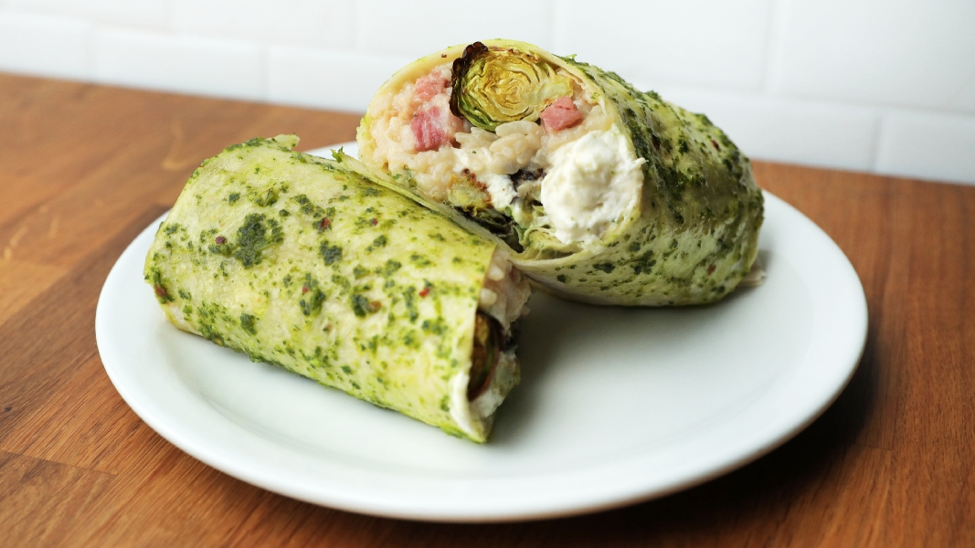 Bacon and brussels burrata di bufala risotto burrito
