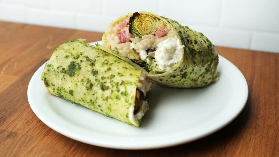 Bacon and brussels burrata di bufala risotto burrito