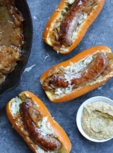 Beer-braised bratwurst & onions (“beer brats”)