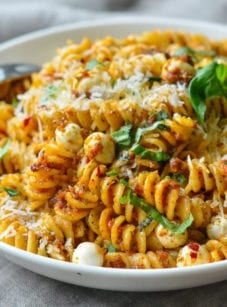 Pasta with sun-dried tomato pesto and mozzarella pearls