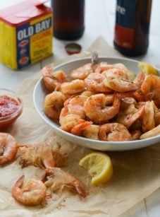 Peel-and-eat boiled shrimp with cocktail sauce