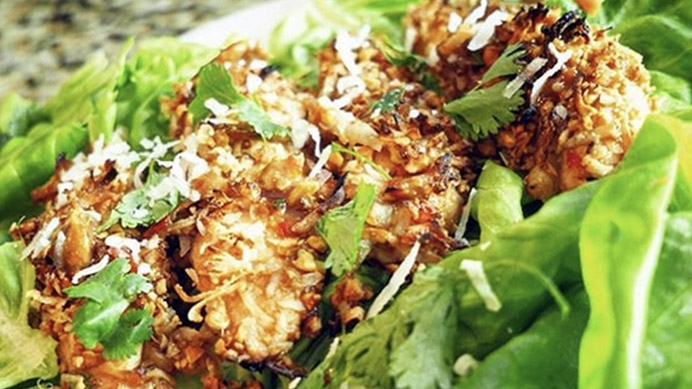 Thai peanut-coconut chicken lettuce wrap