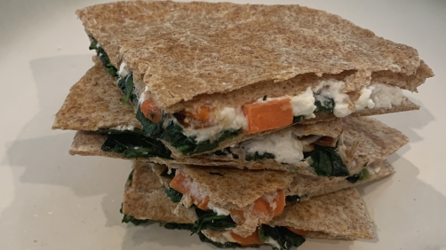Roasted carrot, spinach and goat cheese quesadilla