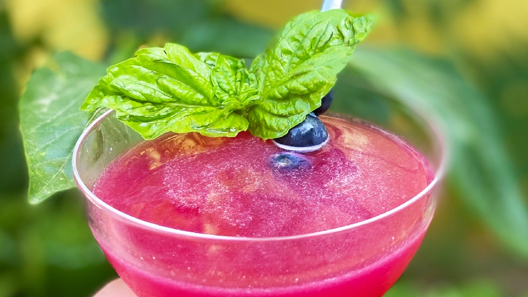 Blueberry basil gimlet as made by stir crazy cocktails