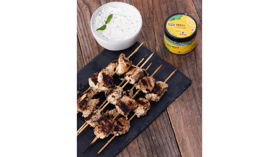 Zesty chicken skewers with yogurt dip