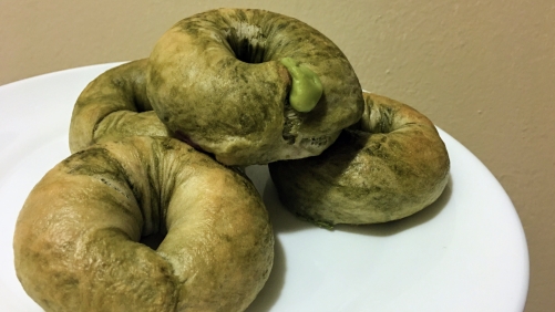 Matcha cream cheese stuffed bagels