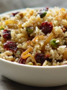 Rice pilaf with caramelized onion, orange, cherry & pistachio