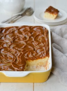Tres leches cake with dulce de leche glaze