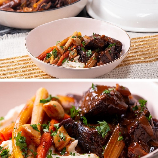 Red wine-braised short ribs with cashew cauliflower mash