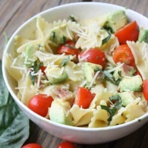 Tomato, basil, avocado pasta salad